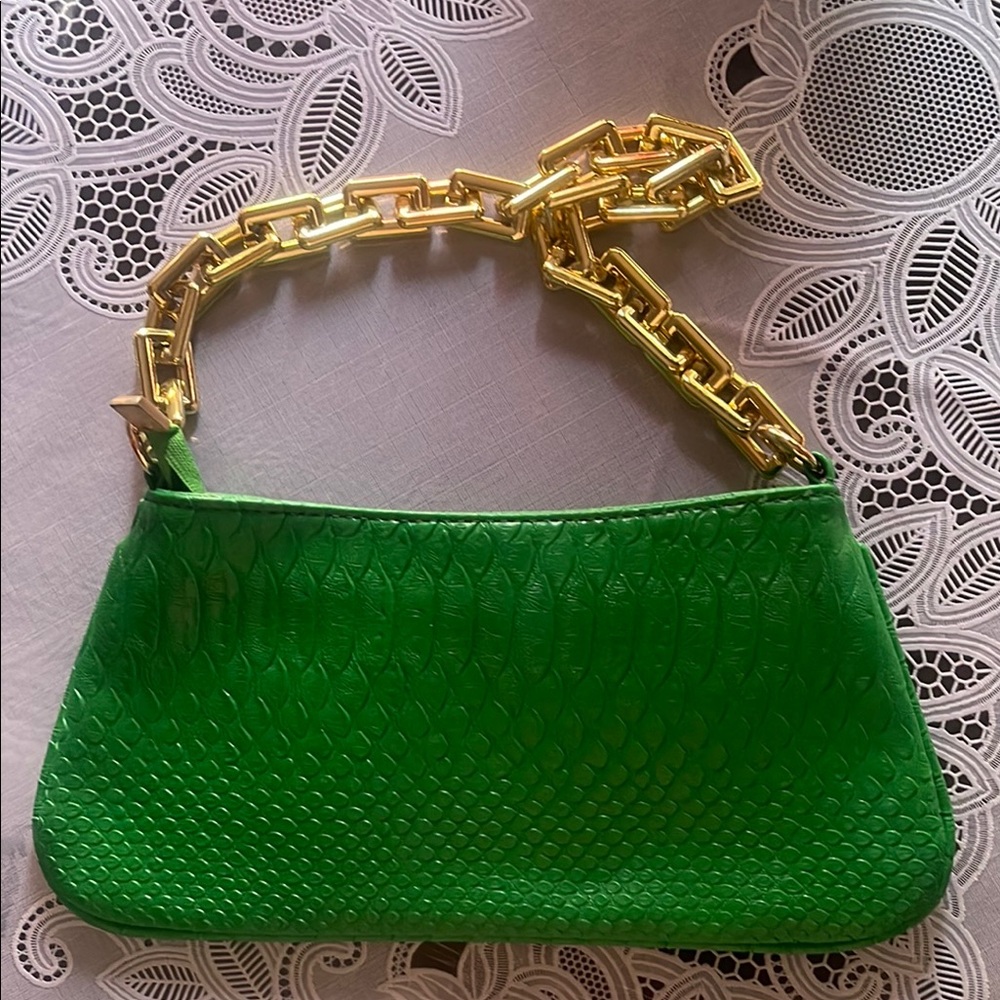 Green Crocodile-Embossed Bag with Gold Chain